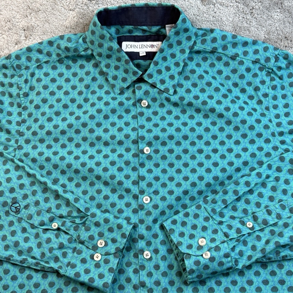 John Lennon Polka Dot Button Down Shirt Mens Large‎ Teal Psychedelic Retro